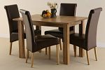 Compact Solid Oak Dining Set With 4 Brown Scroll Back Leather